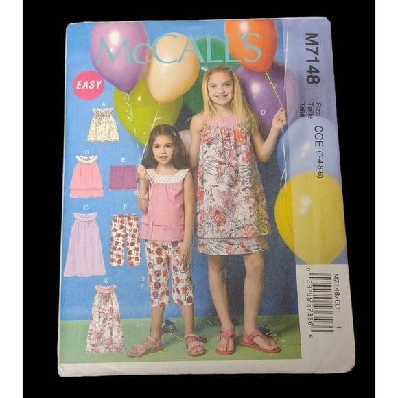 Easy McCalls 7148 Girls Dress Top Shorts Capris Sewing Pattern Sizes 3-6 - Picture 1 of 3